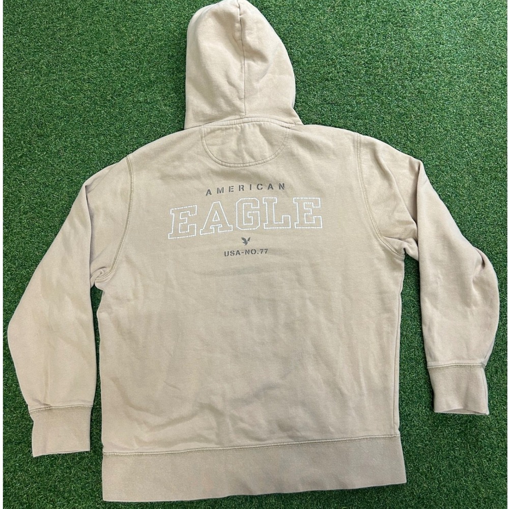 American Eagle Super Soft Tan Khaki Graphic Hoodie Sweatshirt Large